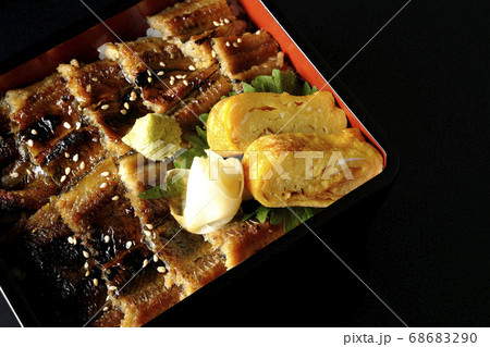 ワサビやガリや卵焼きが乗った沢山の穴子を使った小骨に注意の穴子重(黒背景、俯瞰) ワサビやガリや卵焼きが乗った沢山の穴子を使った小骨に注意の穴子重(黒背景、俯瞰) 68683290