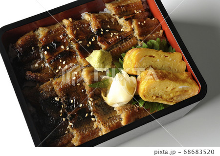 ワサビやガリや卵焼きが乗った沢山の穴子を使った小骨に注意の穴子重(白背景、俯瞰) ワサビやガリや卵焼きが乗った沢山の穴子を使った小骨に注意の穴子重(白背景、俯瞰) 68683520