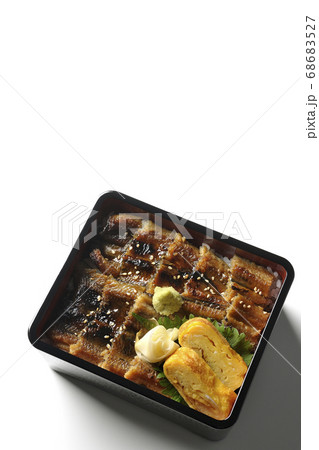 ワサビやガリや卵焼きが乗った沢山の穴子を使った小骨に注意の穴子重(白背景、俯瞰) ワサビやガリや卵焼きが乗った沢山の穴子を使った小骨に注意の穴子重(白背景、俯瞰) 68683527