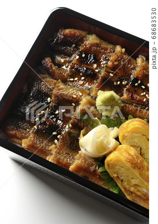 ワサビやガリや卵焼きが乗った沢山の穴子を使った小骨に注意の穴子重(白背景、俯瞰) ワサビやガリや卵焼きが乗った沢山の穴子を使った小骨に注意の穴子重(白背景、俯瞰) 68683530
