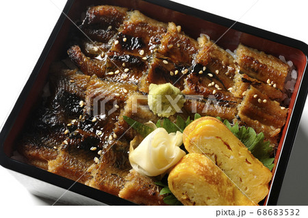 ワサビやガリや卵焼きが乗った沢山の穴子を使った小骨に注意の穴子重(白背景、俯瞰) ワサビやガリや卵焼きが乗った沢山の穴子を使った小骨に注意の穴子重(白背景、俯瞰) 68683532