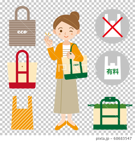 OKポーズでウインクする主婦とエコバックのイラストセット/白背景 68683547