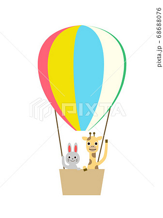 気球に乗って手をふる動物たち うさぎとキリンのイラスト素材