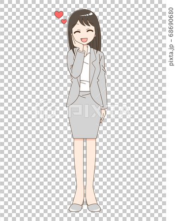 幸福的女人,穿著一套西裝,將一隻手放在她的臉頰上 幸福的女人,穿著一套西裝,將一隻手放在她的臉頰上 68690680