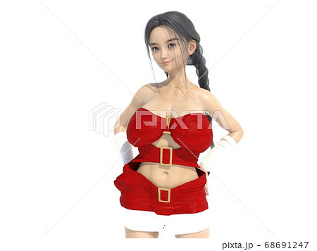 白いバックのスタジオで立っているクリスマスの衣装を着たおさげ髪の少女 68691247