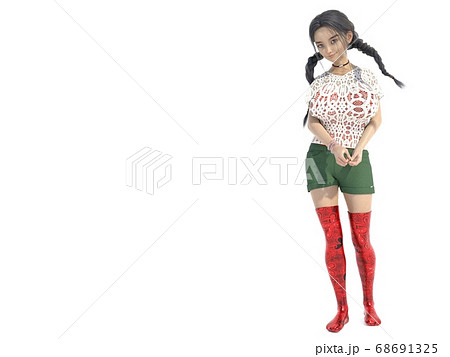 白いバックのスタジオで立っているクリスマスの衣装を着たおさげ髪の少女のイラスト素材
