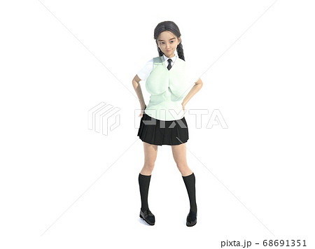 白いバックのスタジオで立っている制服姿のおさげ髪の少女のイラスト素材