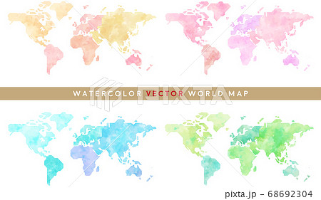カラフルな水彩タッチの世界地図 4色セット のイラスト素材