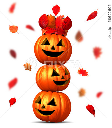 紅葉の王冠を被ったカボチャの三連と落ち葉 68692606
