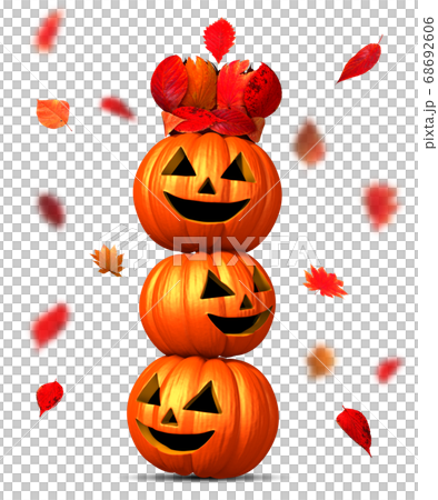 紅葉の王冠を被ったカボチャの三連と落ち葉 68692606