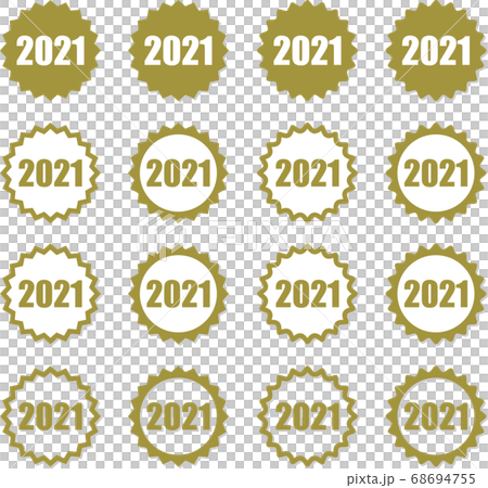 2021年の金色文字が記されたギザギザフレーム　角のまるみと影付きのバリエーションセット 68694755