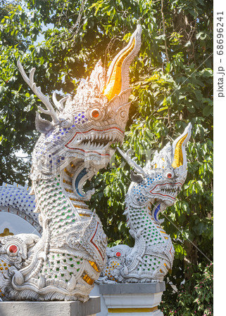 Two Serpent or Naga Statue on Green Tree Background in Portrait View 68696241