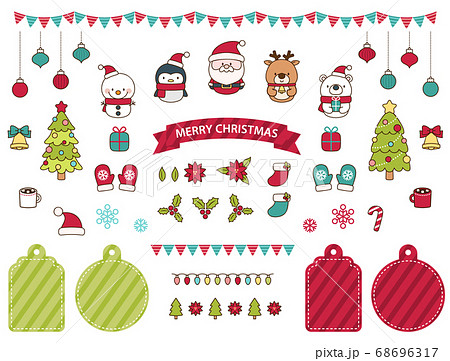 かわいいクリスマスキャラクターと素材セットのイラスト素材