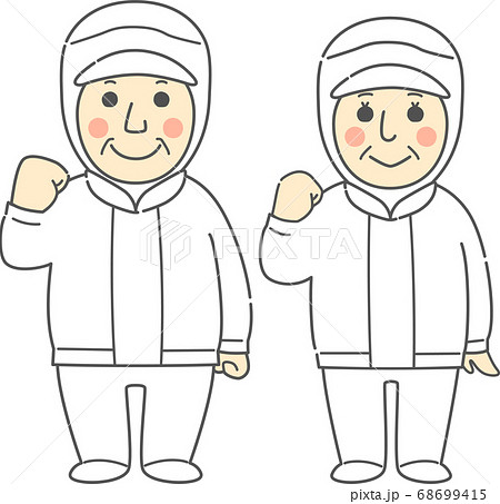 ガッツポーズする無塵服を着た中高年からシニアの男女 - 微笑み・ホワイト ガッツポーズする無塵服を着た中高年からシニアの男女 - 微笑み・ホワイト 68699415