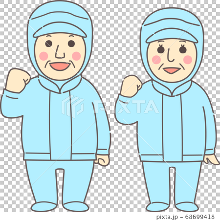 中老年人穿著無塵衣服冒充笑容/藍色 中老年人穿著無塵衣服冒充笑容/藍色 68699418