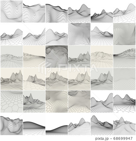 Set of 36 wireframe landscape backgrounds. Retro background futuristic landscape 1980s style. Digital landscape cyber surface. Synth wave music album cover template. 68699947