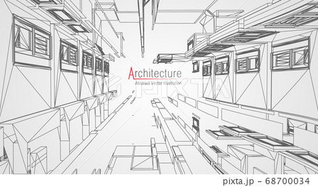 Architecture line background. Building construction sketch vector abstract. Modern city 3d project. Technology geometric grid. Wire blueprint house. Digital architect innovation wireframe. 68700034