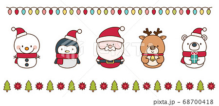かわいいクリスマスキャラクターと飾り罫セットのイラスト素材