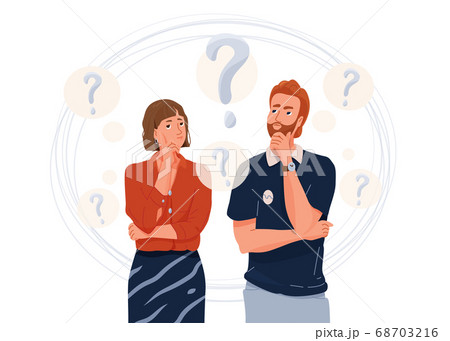 Young couple think about problem. Question symbol. Troubled woman and man thinking together. Vector illustration in simple flat cartoon style isolated on white background Young couple think about problem. Question symbol. Troubled woman and man thinking together. Vector illustration in simple flat cartoon style isolated on white background 68703216