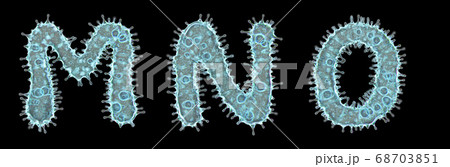 Set of letters made of virus isolated on black background. Capital letter M, N, O. 3d rendering. Covid font Set of letters made of virus isolated on black background. Capital letter M, N, O. 3d rendering. Covid font 68703851