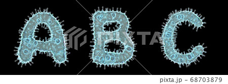 Set of letters made of virus isolated on black background. Capital letter A, B, C. 3d rendering. Covid font 68703879