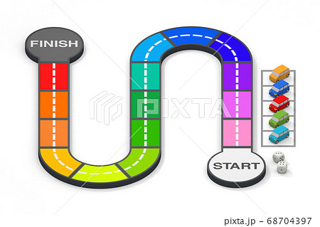自動車教習所のボードゲーム 5台の自動車 サイコロが2個 3dレンダリングのイラスト素材