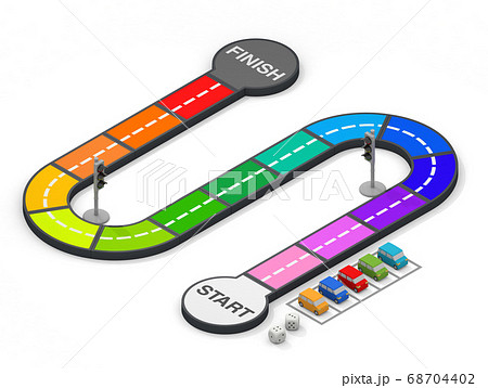 自動車教習所のボードゲーム 5台の自動車とサイコロ アイソメトリック 3dレンダリングのイラスト素材