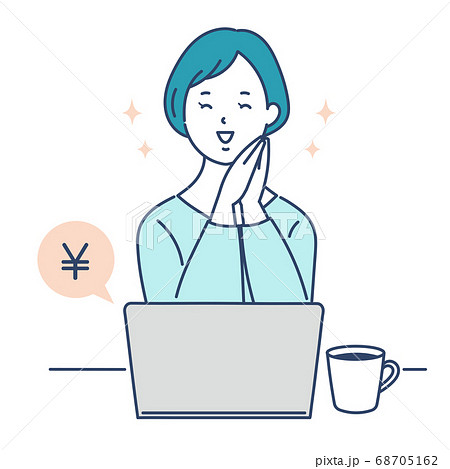 パソコンで副業 お小遣い稼ぎをする女性のイラスト素材
