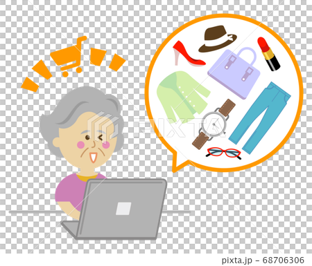 ネットショッピングでファッションアイテムを購入するシニアのイラストイメージ 68706306