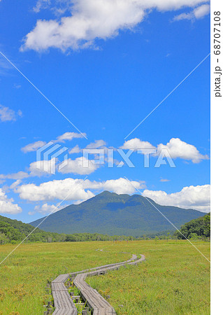 燧ケ岳と曲がって伸びる木道_白い雲 68707108