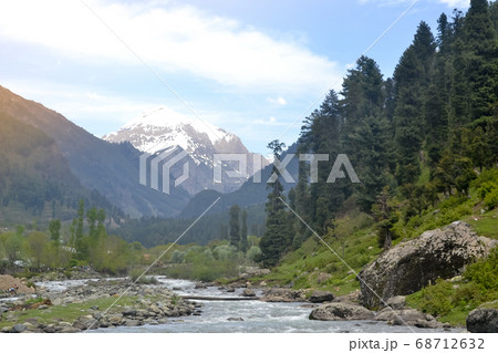 Jhelum River passes through Kashmir Valley bounded by the Great Himalayas and Pir Panjal Range. Jhelum River passes through Kashmir Valley bounded by the Great Himalayas and Pir Panjal Range. 68712632