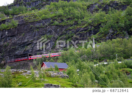 ノルウェー　ノルウェー鉄道　ベルゲン線のミュルダール駅からオスロ方面行の電車がトンネルに入っていく 68712641