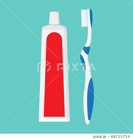 Tube of toothpaste and toothbrush. Brushing teeth. 68713754