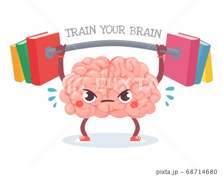Brain training. Cartoon brain lifts weight with books. Train your memory, studying, learning and knowledge education vector concept 68714680