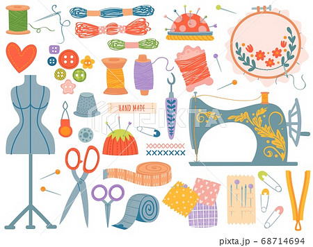 Needlework tools. Various sewing tool and supplies, sewing machine. Buttons, spools and threads, needles, scissors. Dressmaking vector set 68714694