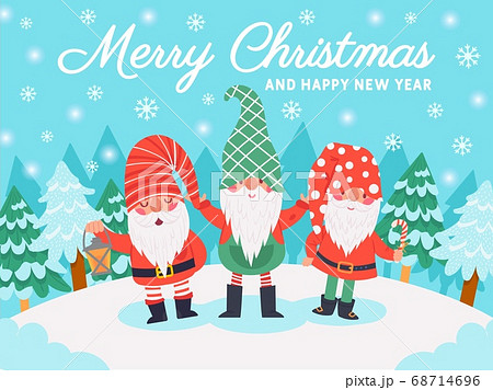 Gnomes christmas characters. Xmas greeting card with cute dwarfs, winter elements and lettering, december holidays vector background Gnomes christmas characters. Xmas greeting card with cute dwarfs, winter elements and lettering, december holidays vector background 68714696