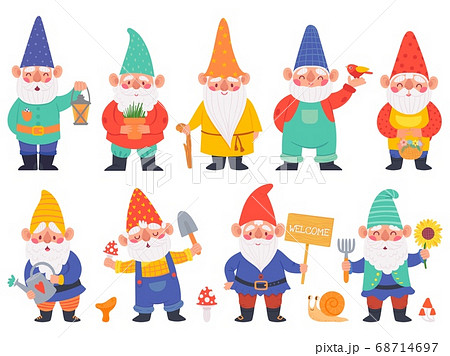Gnome characters. Cute gnomes with beard funny garden decoration, adorable dwarfs with lantern, watering can and flowers cartoon vector set 68714697