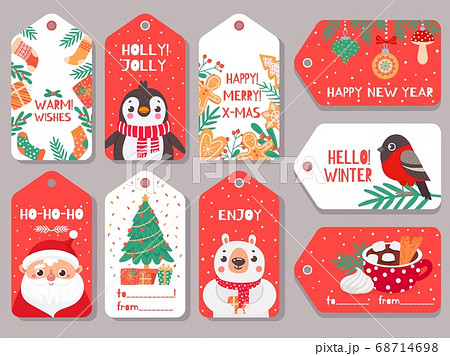 Christmas tag. Winter holiday xmas gift labels with cute characters santa, bear and bullfinch, penguin and festive lettering vector set Christmas tag. Winter holiday xmas gift labels with cute characters santa, bear and bullfinch, penguin and festive lettering vector set 68714698