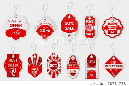 Red sale labels. Various paper discount price tags with ropes, shopping promotion pricing sign, special deal hanging label mockup vector set 68714728