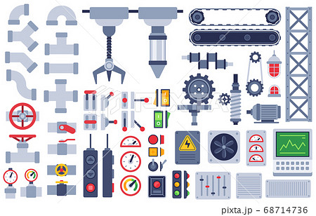 Machine parts. Auto technical mechanisms, gear equipment, engine. Pinion and motor, shaft, joints industry machinery flat vector set Machine parts. Auto technical mechanisms, gear equipment, engine. Pinion and motor, shaft, joints industry machinery flat vector set 68714736
