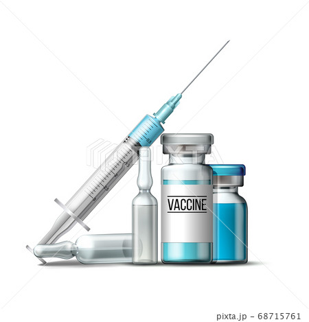 Medical syringe with blue liquid and medicine ampoules and vials. 68715761