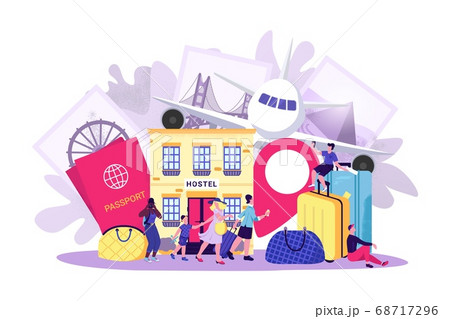 People travel trip, vector illustration. Flat journey tourism, cartoon vacation concept, Woman man tourist character in summer tour. People travel trip, vector illustration. Flat journey tourism, cartoon vacation concept, Woman man tourist character in summer tour. 68717296
