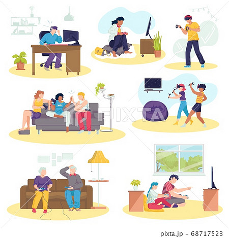 Play video games at home, leisure, gamers set of vector illustrations. Kids, eldery couple, friends playing joystick, at computer. Play video games at home, leisure, gamers set of vector illustrations. Kids, eldery couple, friends playing joystick, at computer. 68717523