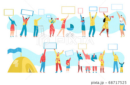 People protest crowd, demonstration, public strike, protesting march with empty banners for your text, set of vector illustrations. People protest crowd, demonstration, public strike, protesting march with empty banners for your text, set of vector illustrations. 68717525