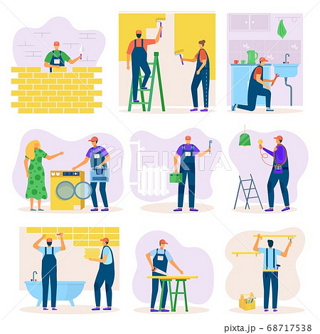 Home renovation of interior or construction improvement with workers set of vector illustration. Craftsman team working in room, repair, build. Home renovation of interior or construction improvement with workers set of vector illustration. Craftsman team working in room, repair, build. 68717538