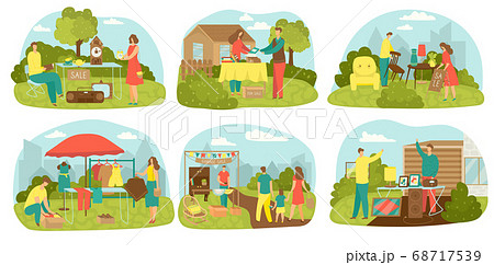 Garage sale old antique goods for yard sale set of vector illustrations. Old vintage objects and furniture for sale at flea market. 68717539