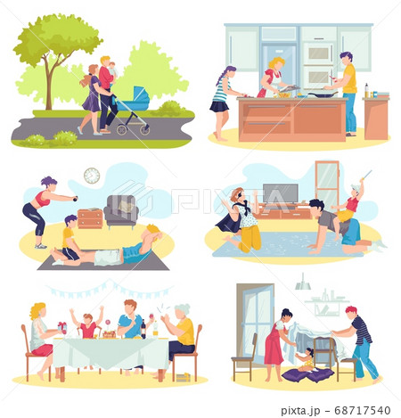 Family together with children concept flat set of vector illustrations. Father and mother playing with kids in living room, walking, cooking. Family together with children concept flat set of vector illustrations. Father and mother playing with kids in living room, walking, cooking. 68717540