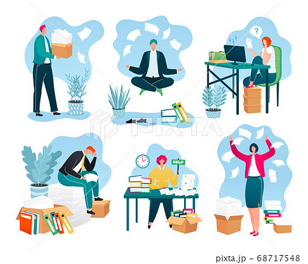 Business papers in office, piles of documents, reports on workplace, paperwork set of vector illustrations. Businessman with huge pile of paper work. 68717548