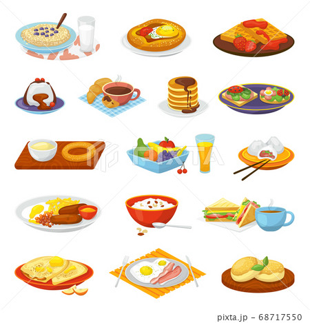 Classical hotel breakfast food menu meal set of isolated vector illustrations. Coffee, fried eggs bacon, toasts and orange juice, croissant. 68717550
