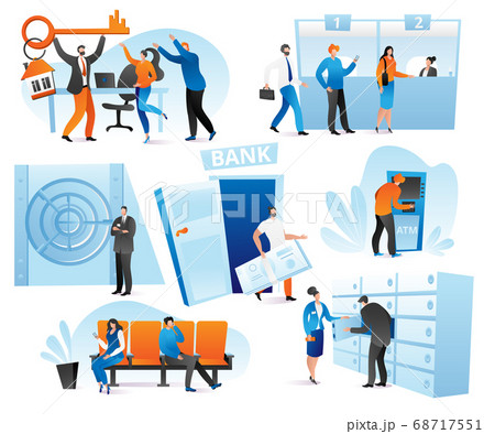 Banking financial services in bank set of vector illustration. Credit payment, counter desk, cashier, consulting and queuing for ATM. 68717551